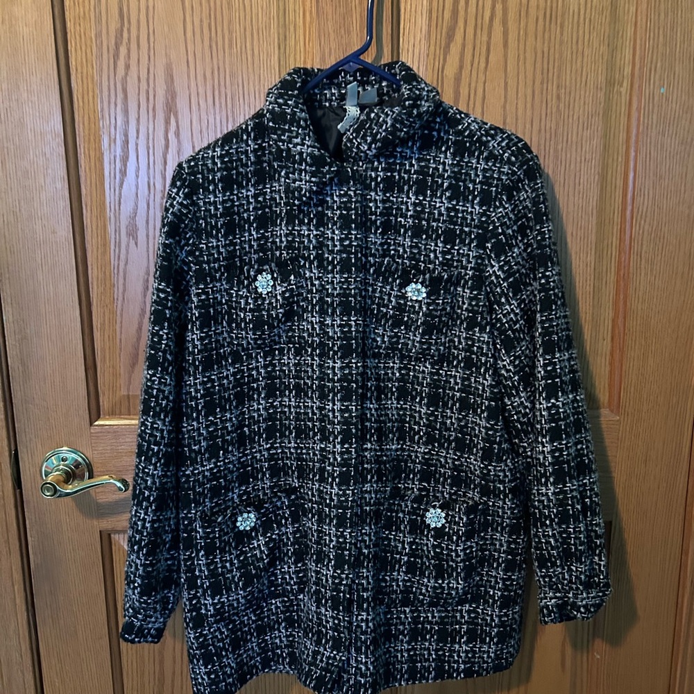H&M Black and White Checkered Pea Coat